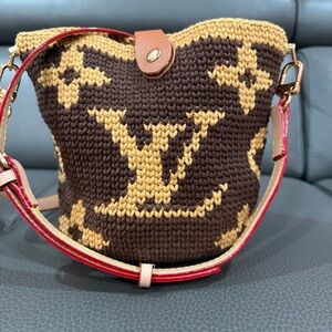 Handmade Brown and Tan Designer Crochet Bucket Crossbody Bag
